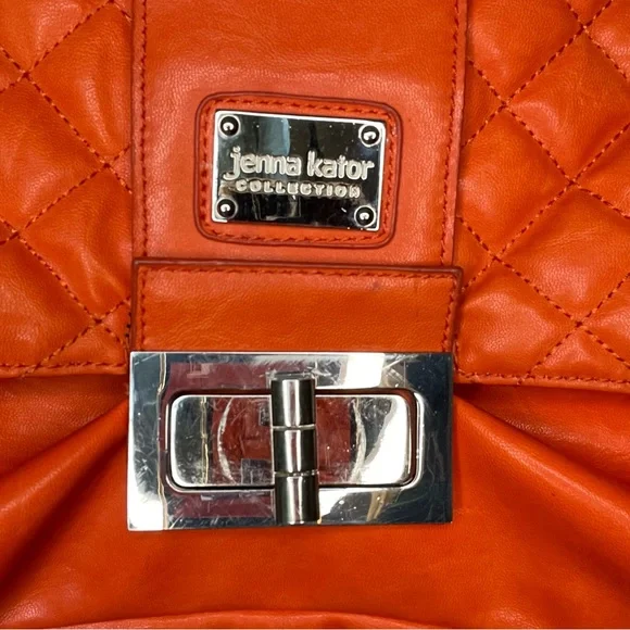 Jenna Kador Oversized Tote Bag Purse Orange Silver Chain cross body & Buckle - Picture 6 of 14